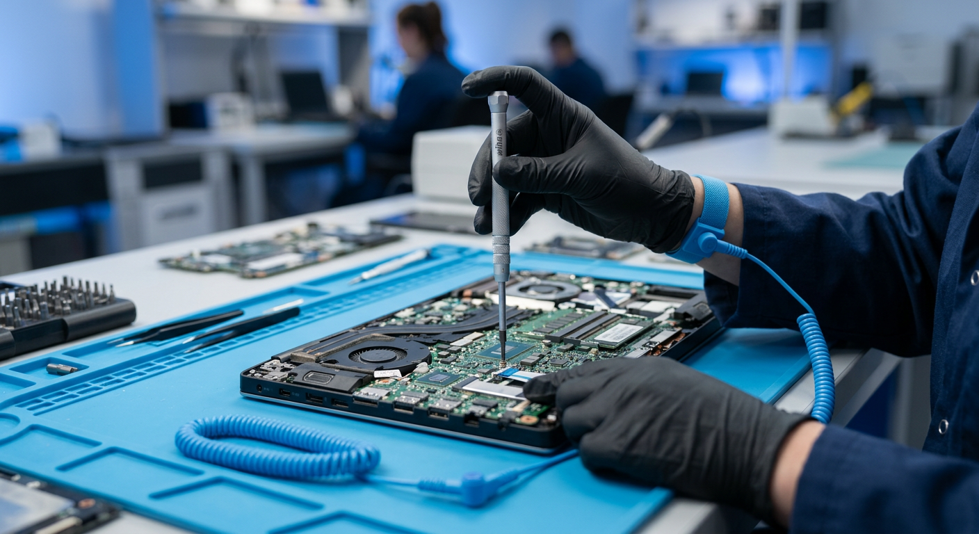 Technician repairing a laptop motherboard on an anti-static workbench