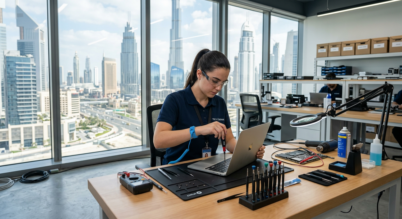 Technician diagnosing a laptop in our Dubai workshop with the city skyline behind